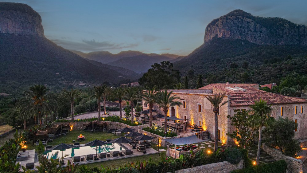 The Son Fuster Medieval stone property with pool sits between two towering plateau mountains