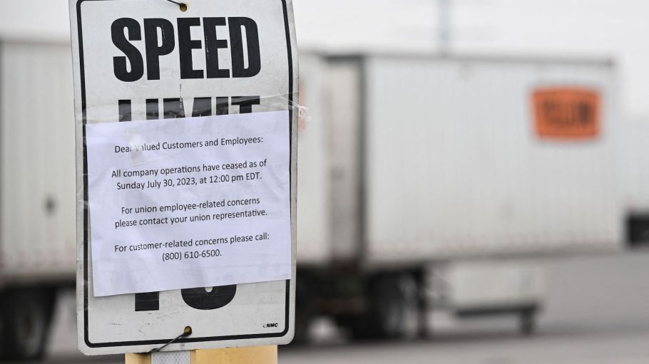 A sign informs customers and union employees that the Yellow Corp. facility lot is closed after the freight trucking company ceased all operations, in Las Vegas, Nevada, on July 31, 2023.