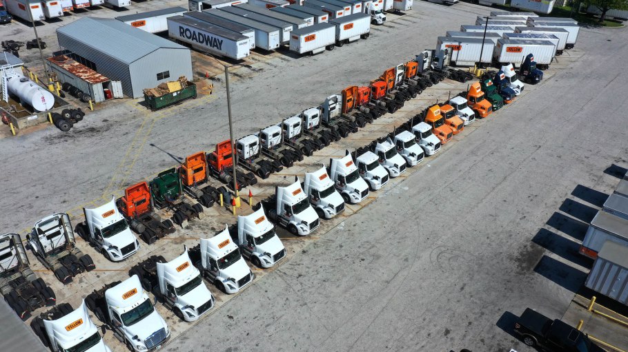 An aerial view of Yellow Corp. trucks at a terminal in Orlando, Fla.