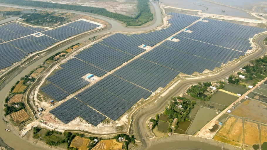 Aerial view of Bangladesh's previously largest solar power plant, Mongla Solar Park, by Orion Group.