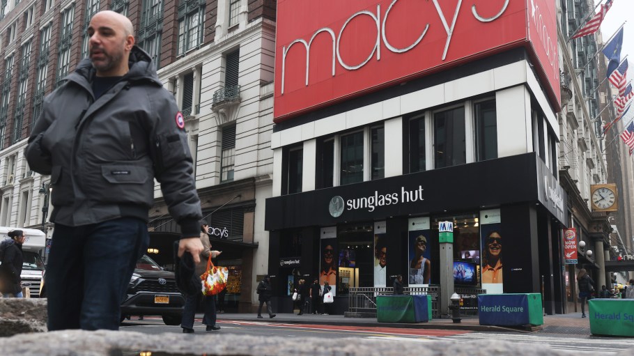 The Macy's company signage is seen at the Herald Square store on March 02, 2023 in New York City.