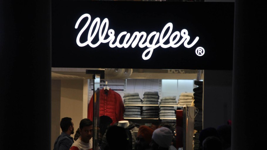 Billboards of Wrangler) can be seen outside their showroom in New Delhi