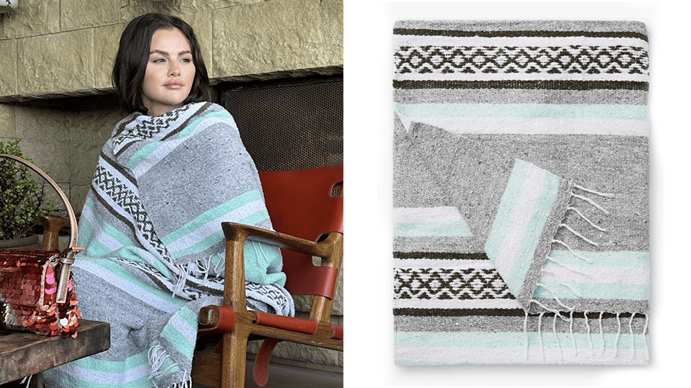 Selena Gomez wearing Laguna Beach Textile Company's Cabo Mexican Blanket.