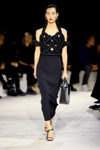 Model on the runway at Alexander McQueen Ready To Wear Spring 2024 held at Careau du Temple on September 30, 2023 in Paris, France.