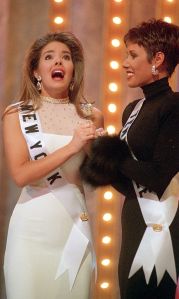 Kimberly Ann Pressler, Miss New York (L) takes the Miss USA crown 05 February at the conclusion of the 1999 Miss USA Pageant at The Grand Palace in Branson, Missouri. First runner up is Morgan Tandy High, Miss Tennessee.  Pressler will compete 26 May for the 1999 Miss Universe title in Trinidad and Tobago. AFP PHOTO/Miss Universe Organization (Photo credit should read /AFP via Getty Images)