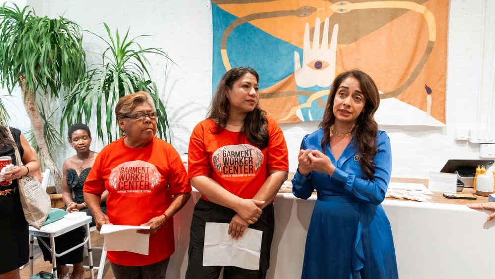 Garment Worker Center organizers and Remake convened at Mara Hoffman for the Fabric Act.