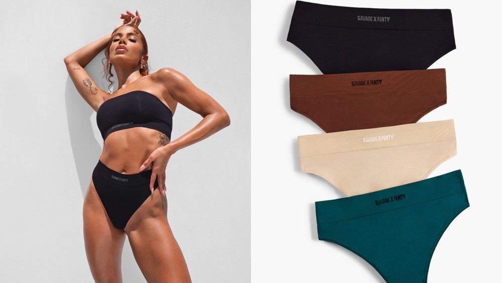 Savage X Fenty brand partner Anitta modeling the Seamless Bandeau Bralette and Seamless High-Waist Thong.