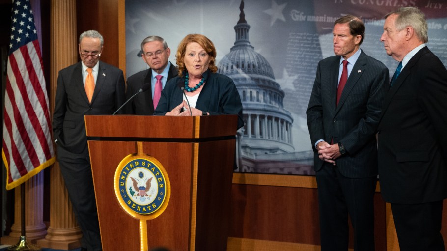 Former Senator Heidi Heitkamp (D-N.D.) speaking at the Capitol building in 2018.