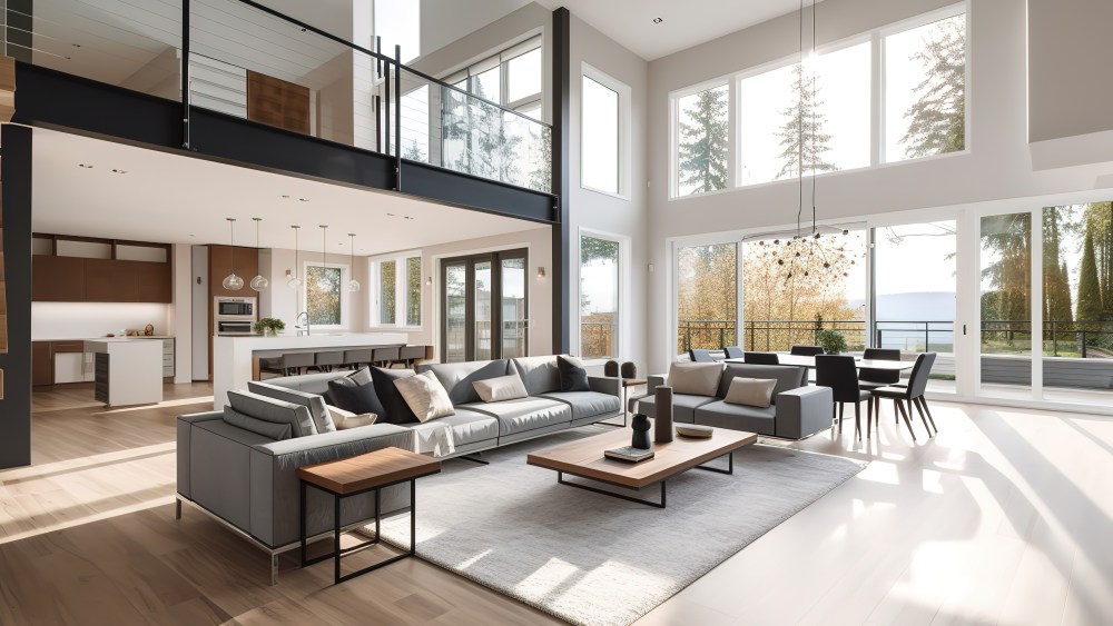 Beautiful living room interior in new luxury home with open concept floor plan. Shows kitchen, dining room, and wall of windows with amazing exterior, Generative AI.