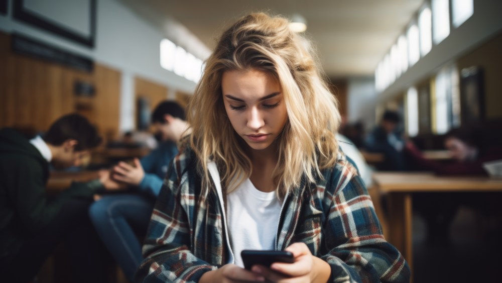 Caucasian gen z student girl gadget internet social media addict woman teenager pupil mobile phone addicted in school college university using smartphone browsing online app playing game cellphone. High quality photo