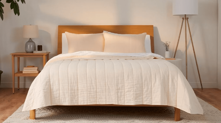bed with peach colored linens