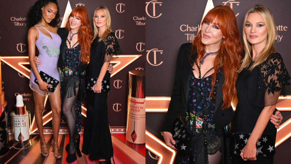 (L-R) Jourdan Dunn, Charlotte Tilbury and Kate Moss at the global unveiling of the Charlotte Tilbury holiday campaign on Oct. 4 in Paris.