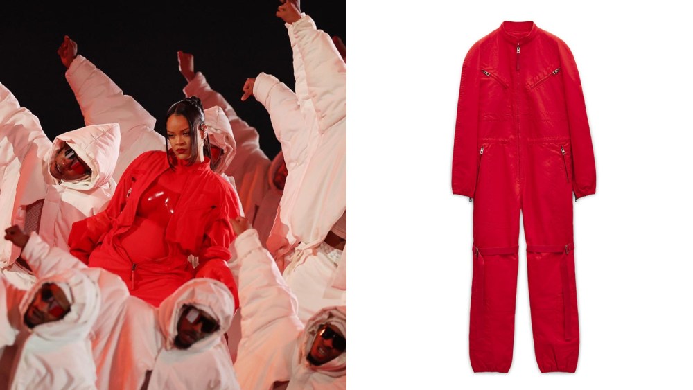 Rihanna wearing Loewe during her 2023 Super Bowl Halftime performance on Feb. 12 in Glendale, Arizona. A closer look at the cargo jumpsuit in Poppy red from Loewe's special-edition release.