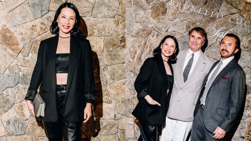 (L-R) Lucy Liu, Brunello Cucinelli and William Abadie at the Saks x Brunello Cucinelli dinner on Oct. 17 in New York City.