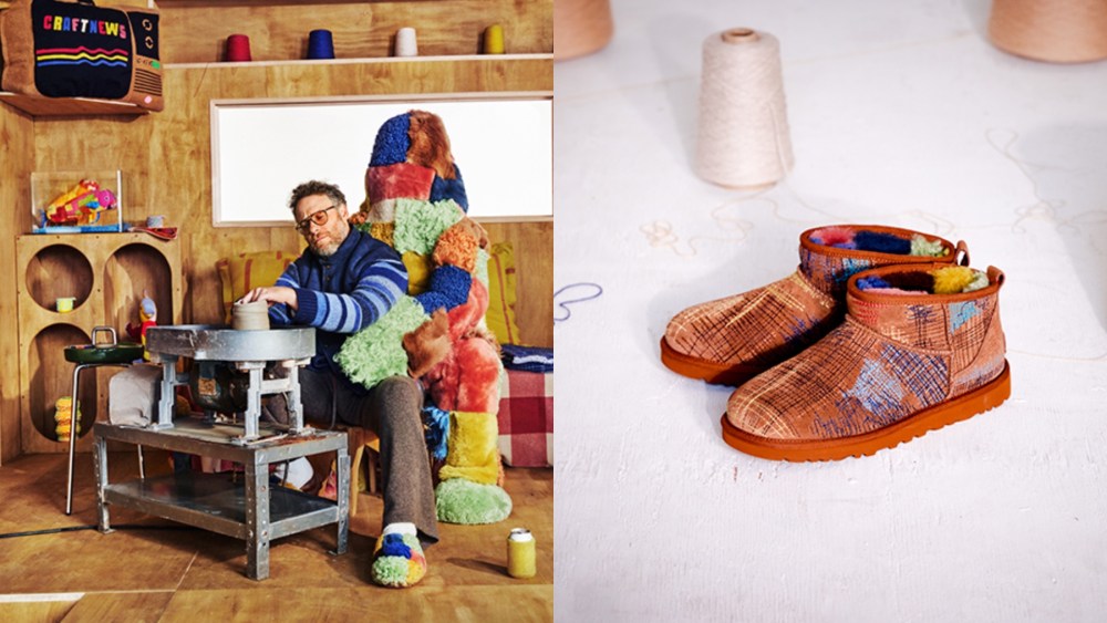 A closer look at Seth Rogen in The Elder Statesman X Ugg campaign, the Ugg TES Classic Ultra Mini ($325) from The Elder Statesman X Ugg collection, launching Oct. 10.