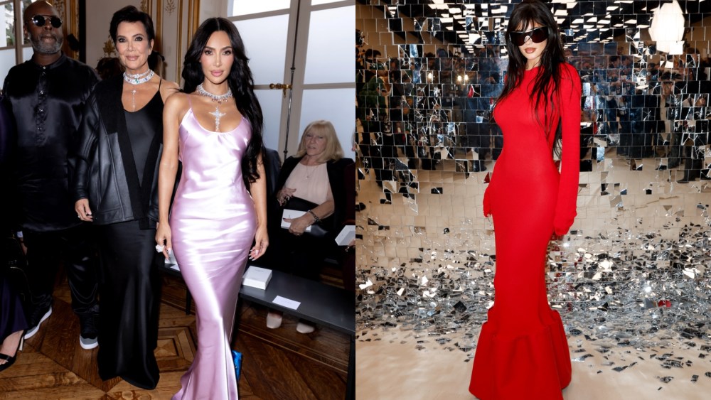 (L-R) Kris Jenner and Kim Kardashian at Victoria Beckham spring 2024 ready-to-wear fashion show on Sept. 29 in Paris. Kylie Jenner at the Acne Studios spring 2024 ready-to-wear fashion show on Sept. 27 in Paris.