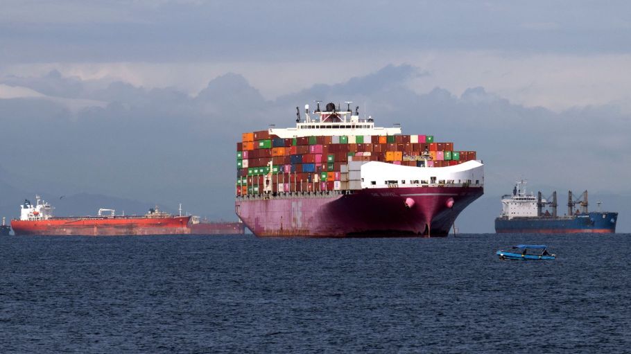 Cargo ships wait at the entrance of the Panama Canal at Panama Bay off Panama City, on September 24, 2023.