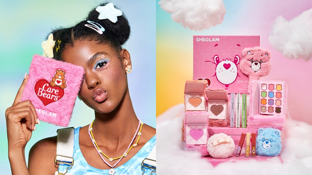 A model holding the Share Your Care Palette ($9.99, a look at the complete SheGlam X Care Bears Whimsical Care Bears Color Collection ($54.99).