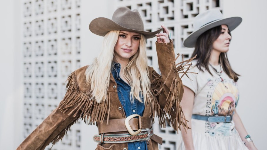 Tractor Supply's Western style: Scully suede fringe jacket; Denton cowboy hat; Tee Shirt Central dress, San Diego Hat Co. fedora.