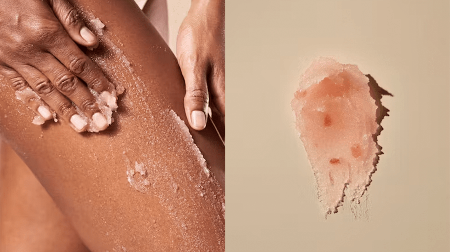woman massaging body scrub on leg; body scrub on tan background