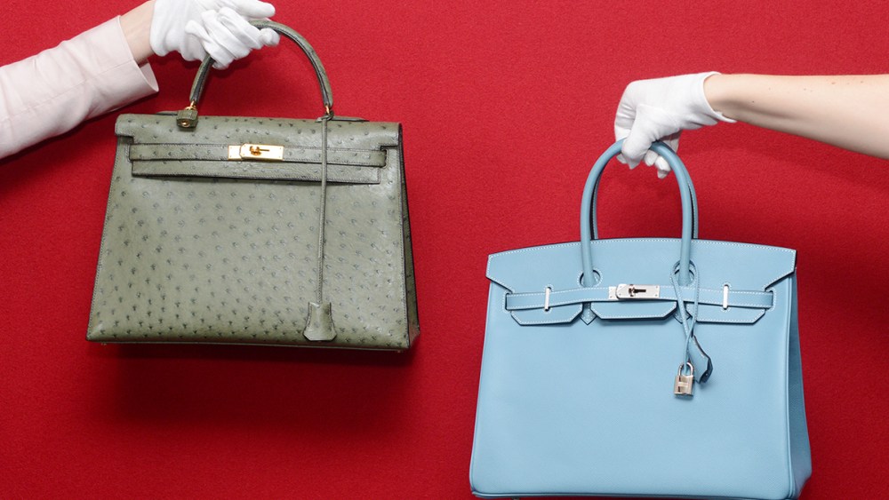A Hermes Birkin and a Hermes Kelly at a pre- auction photo calls for Hermes handbags at Bonhams, Knightsbridge. (Photo by rune hellestad/Corbis via Getty Images)