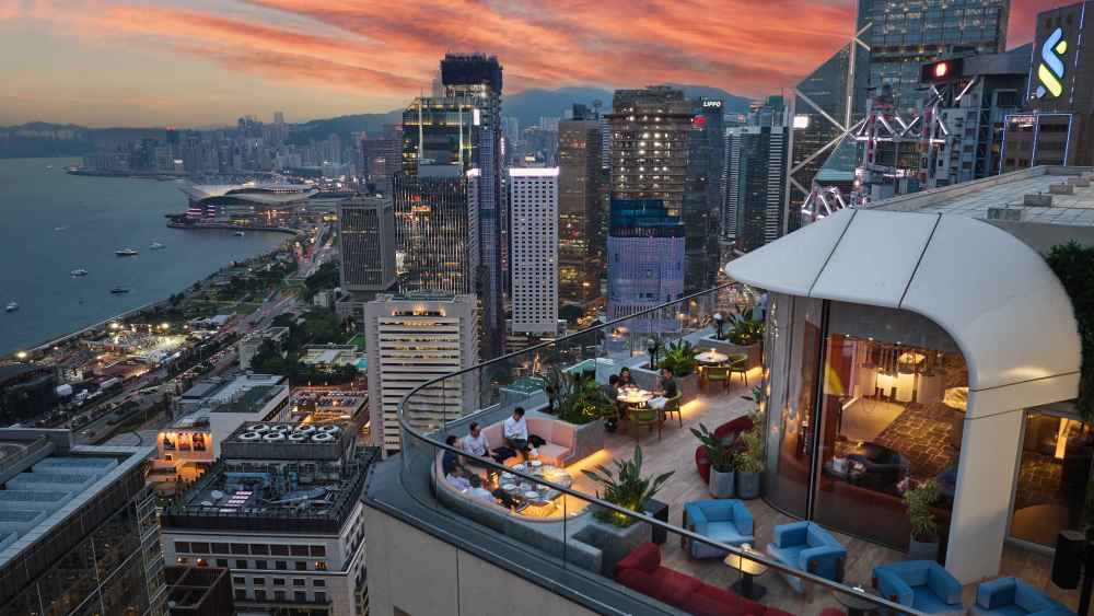 A view of Hong Kong's Victoria Harbor from Forty-Five's sky Sky terrace, Cardinal Point.