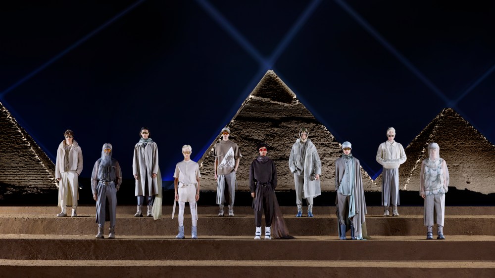 Models pose in the Dior men's pre-fall 2023 collection in Giza, Egypt.