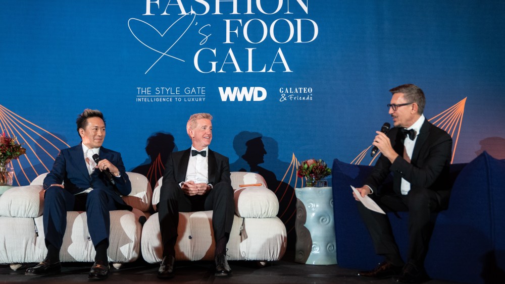 Takahiko Kondo, Valeriano Antonioli, Marco Bonaldo at the WWD Fashion Loves Food Gala held at Palazzo Parigi Hotel on November 8, 2023 in Milan, Italy.