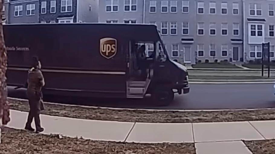 Captured via a Ring doorbell camera, a UPS driver watches as her van gets carjacked.