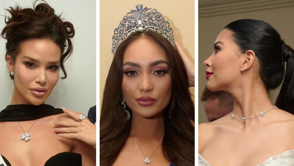 (L-R) Miss Albania, Miss Universe 2022 and Miss Panama, mouawad jewelry, crown