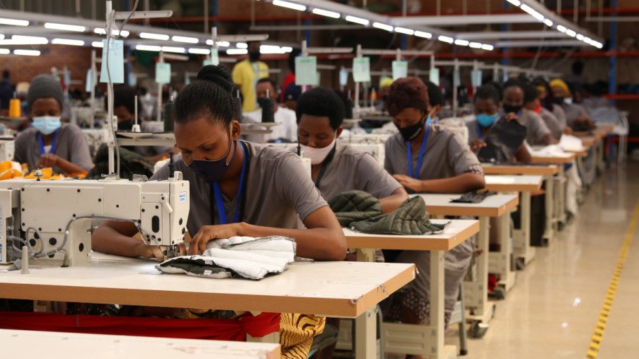 Rwandan people work in Chinese garment factory Pink Mango C&D products in Kigali, Rwanda, on December 04 2021. Chinese garment factory Pink Mango C&D products has transformed the lives of local Rwandans through job creation and improved household income.