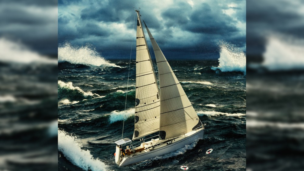 Sailboat on dark water, waves, dark clouds in background
