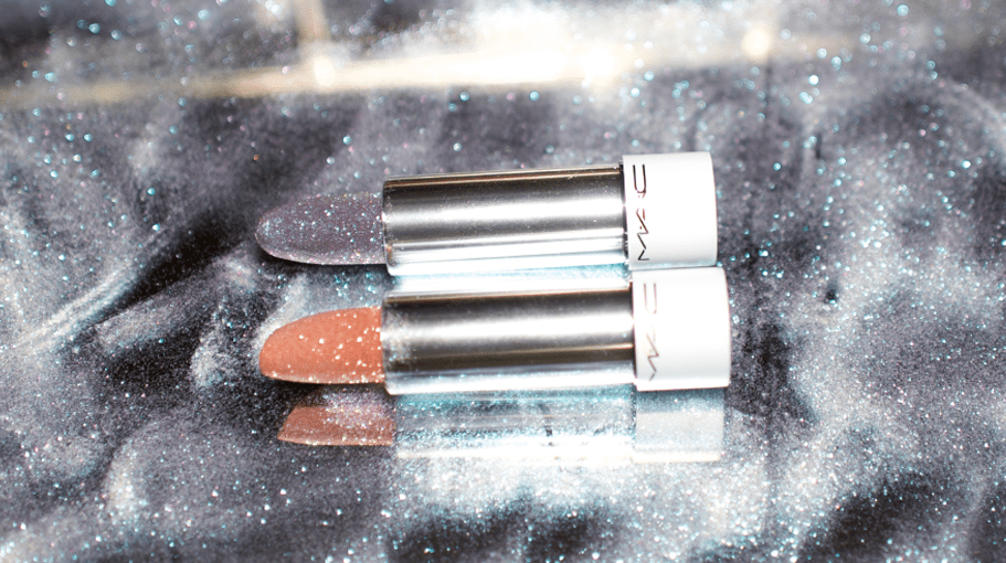 glitter lipsticks on a shimmery mirrored tray