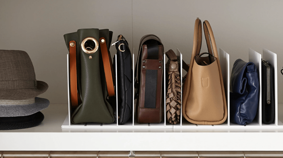 handbags placed in a purse storage organizer