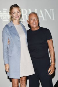 MILAN, ITALY - SEPTEMBER 25:  Beatrice Borromeo and Designer Giorgio Armani attend the Emporio Armani show during the Milan Fashion Week Spring/Summer 2016 on September 25, 2015 in Milan, Italy.  (Photo by Jacopo Raule/Getty Images)