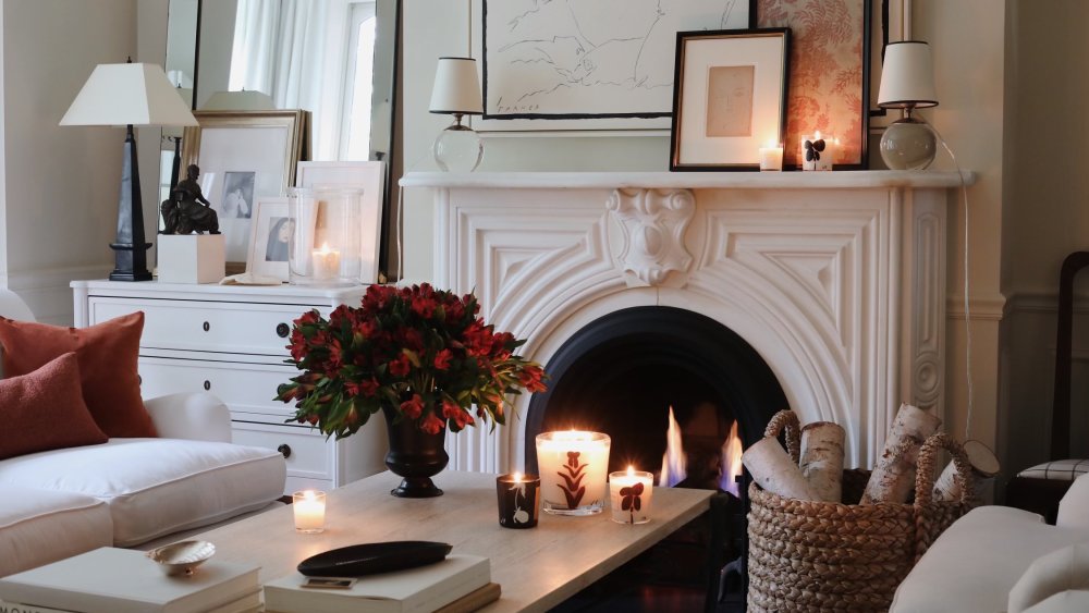 Artist Josh Young's marble fireplace mantel, sourced by Molly Acorn's Mantel House.