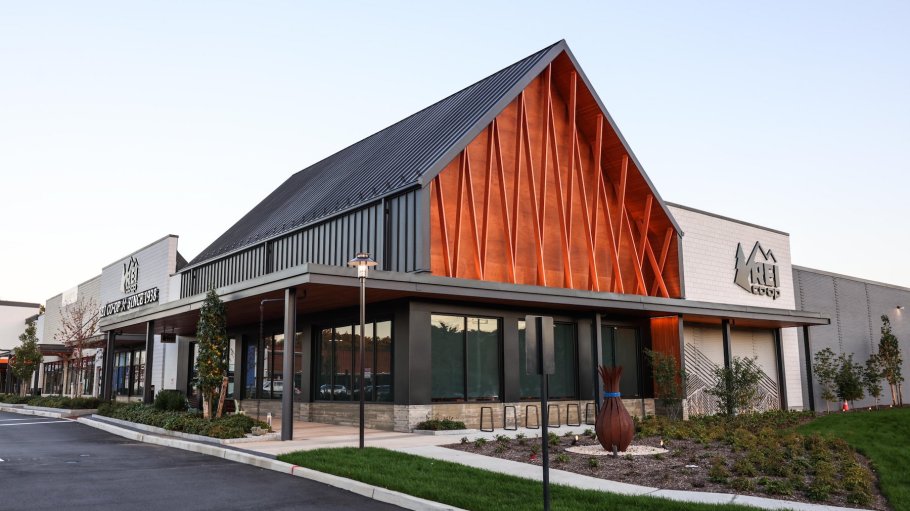 Exterior of the new REI store in South Huntington, New York on October 11, 2023.