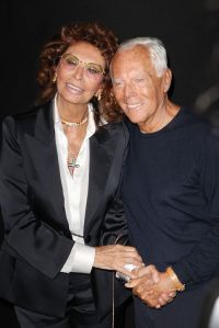 MILAN, ITALY - SEPTEMBER 28:  Sophia Loren and  Giorgio Armani attend the Giorgio Armani show during the Milan Fashion Week SpTrussardiring/Summer 2016 on September 28, 2015 in Milan, Italy.  (Photo by Antonio de Moraes Barros Filho/WireImage)