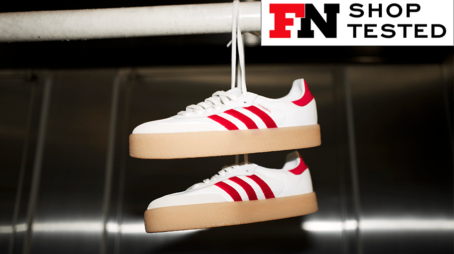 red and white platform gum sole sneakers