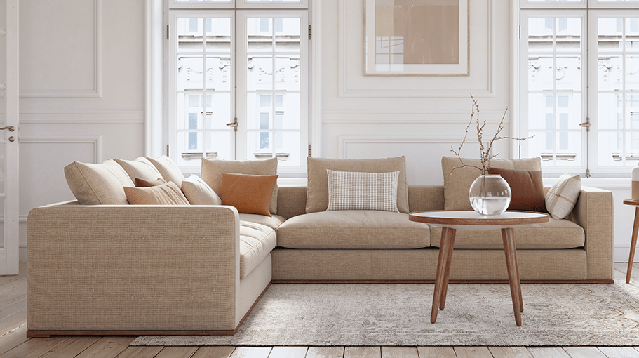 Scandinavian interior design living room 3d render with beige colored furniture and wooden elements