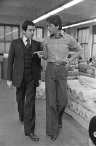 Calvin Klein and Barry Schwartz at the Calvin Klein design studio and showroom in New York City's Garment District on January 14, 1975.