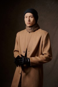 Bugatchi wool blend top coat; John Varvatos scarf; Barbour gloves.