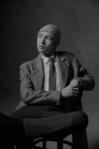 John Varvatos wool, alpaca, silk and polycotton coat; Ted Baker cotton, polyamide and elastane shirt; Bugatchi wool, acrylic and cotton trousers; Billy Reid beanie hat; Robert Talbott tie.
