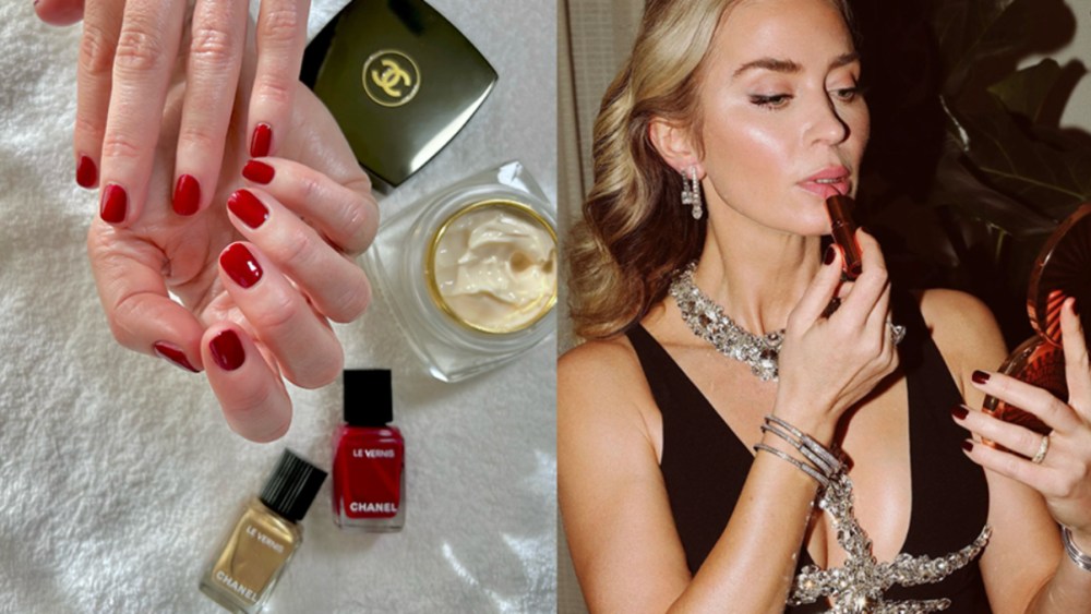 celebrity nails with polishes used to create the manicure; woman wears dark red nail polish applying lipstick