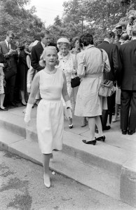 C.Z. Guest arrives for the wedding of Amanda Jay Mortimer and S.Carter Burden at St. Mary's Church on Roslyn, Long Island on June 13, 1964