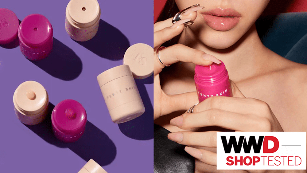 fenty lip masks on a purple background, woman testing fenty's plush puddin' lip mask