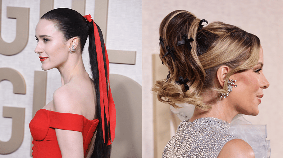 woman with red bow in hair; woman with ponytail and multiple mini hair bows
