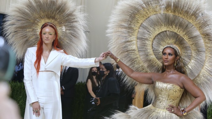 Harris Reed and Iman attend the 2021 Met Gala in Dolce & Gabbana x Harris Reed