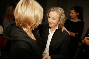Designer Jil Sander (R) backstage at the Spring 2004 Jil Sander show in Milan.