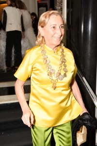 Miuccia Prada at The Carlyle Hotel before the 2023 Met Gala: Karl Lagerfeld: A Line of Beauty on May 1, 2023 in New York, New York.